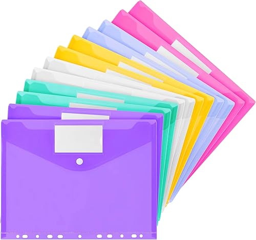 Vobou Paquete de 12 sobres de plástico con 11 agujeros, carpetas expandibles para bolsa de documentos de 234, botón a presión y sobres de