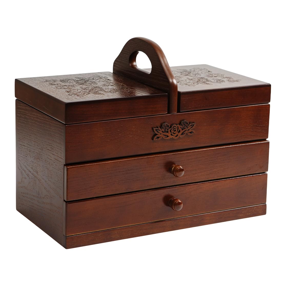 Nähkästchen aus Holz mit graviertem Rosen-Design, Doppeldeckelfach oben und 2 ausziehbaren Schubladen, Nähkorbaufbewahrung, Dunkelbraun L/B/H 33,5 x 18,5 x 27 cm