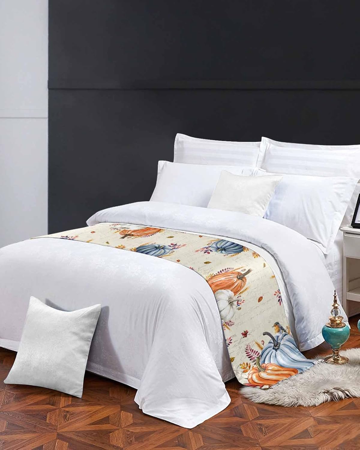 DecorLovee Orange Blue Pumpkins Fall Bed Runners for Queen Size Bed, Decorative Bed Throws for Foot of Bed, Thanksgiving Maple Leaf Birds Bed Runner Sofa Throw Bedding Scarf Protector for Bedroom