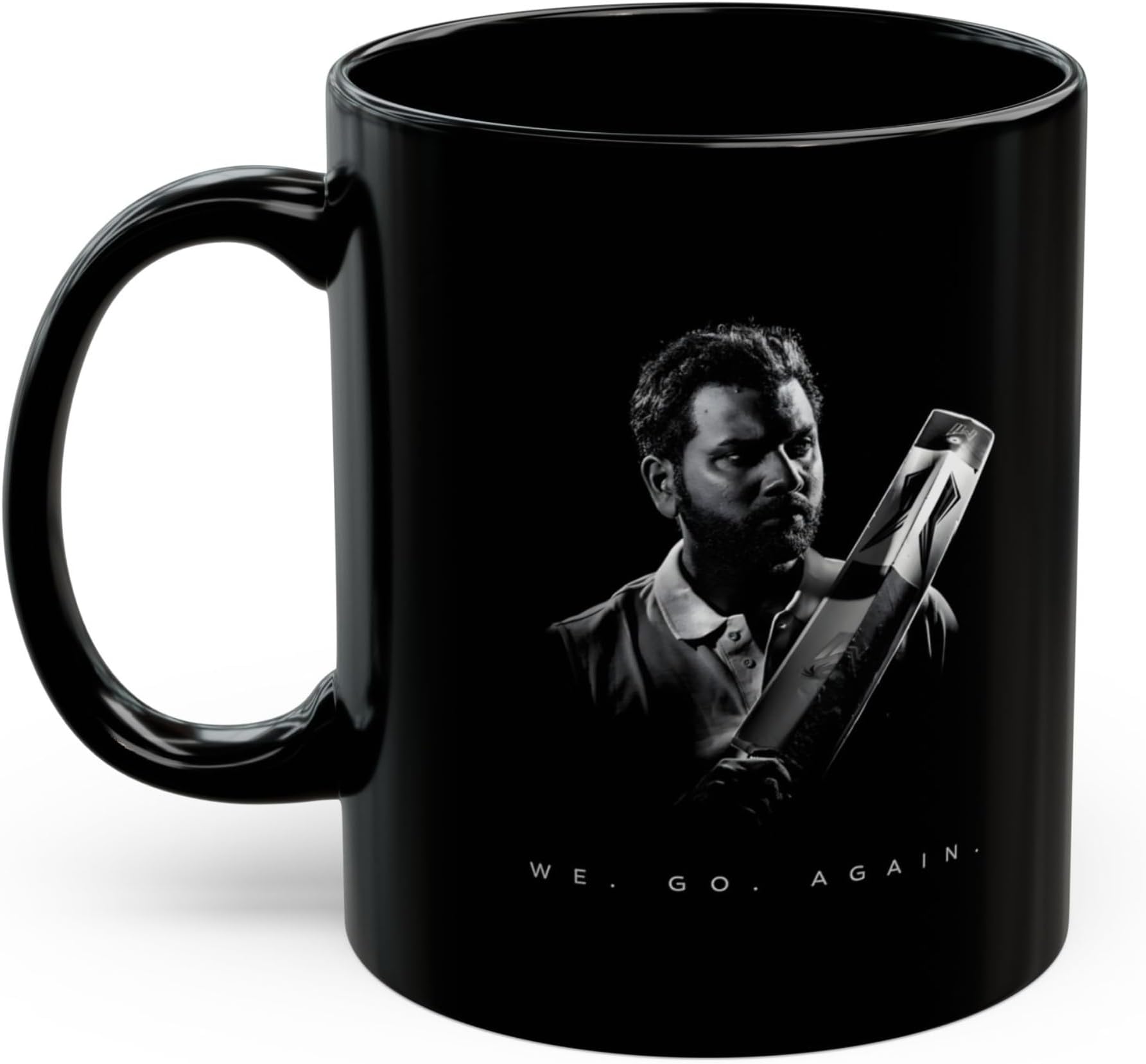 Rohit Sharma Inspired Black Ceramic Coffee Mug | “We Go Again” Graphic Design Tea & Coffee Cup | Premium Glossy Finish | Cricket Fan Gift for Men & Women | Microwave & Dishwasher Safe | 350 ml