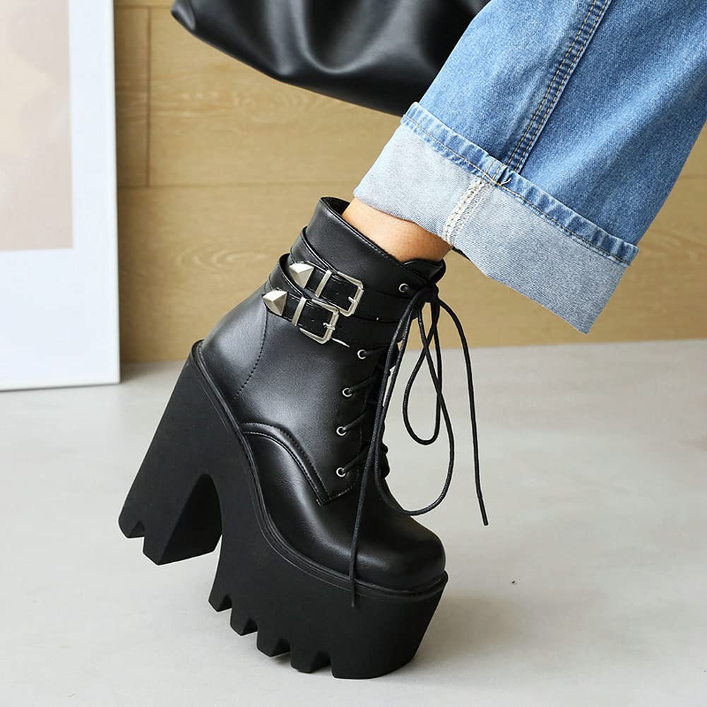 Botines Militares De Tacón Alto Grueso con Plataforma Punk Gótica Botas Combat para Mujer