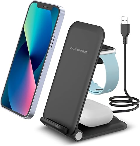 BebinCa Cargador inalámbrico 3 en 1, estación de carga inalámbrica rápida de 15 W para iPhone 14131211 SeriesSamsung Galaxy Series, estación de