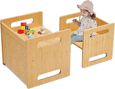 Montessori Table and Chair Set,Bamboo Wood Weaning Table and Chair Set,Adjustable Height Kids Montessori Furniture for Reading,Dining,PlayingBig Size