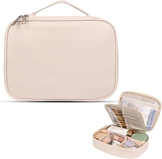 Czemo Large Makeup Bag for Women Travel Toiletry Bag Waterproof Leather Portable Toiletry Bag or Makeup Bag with Handle and Removable Separator (Beige)