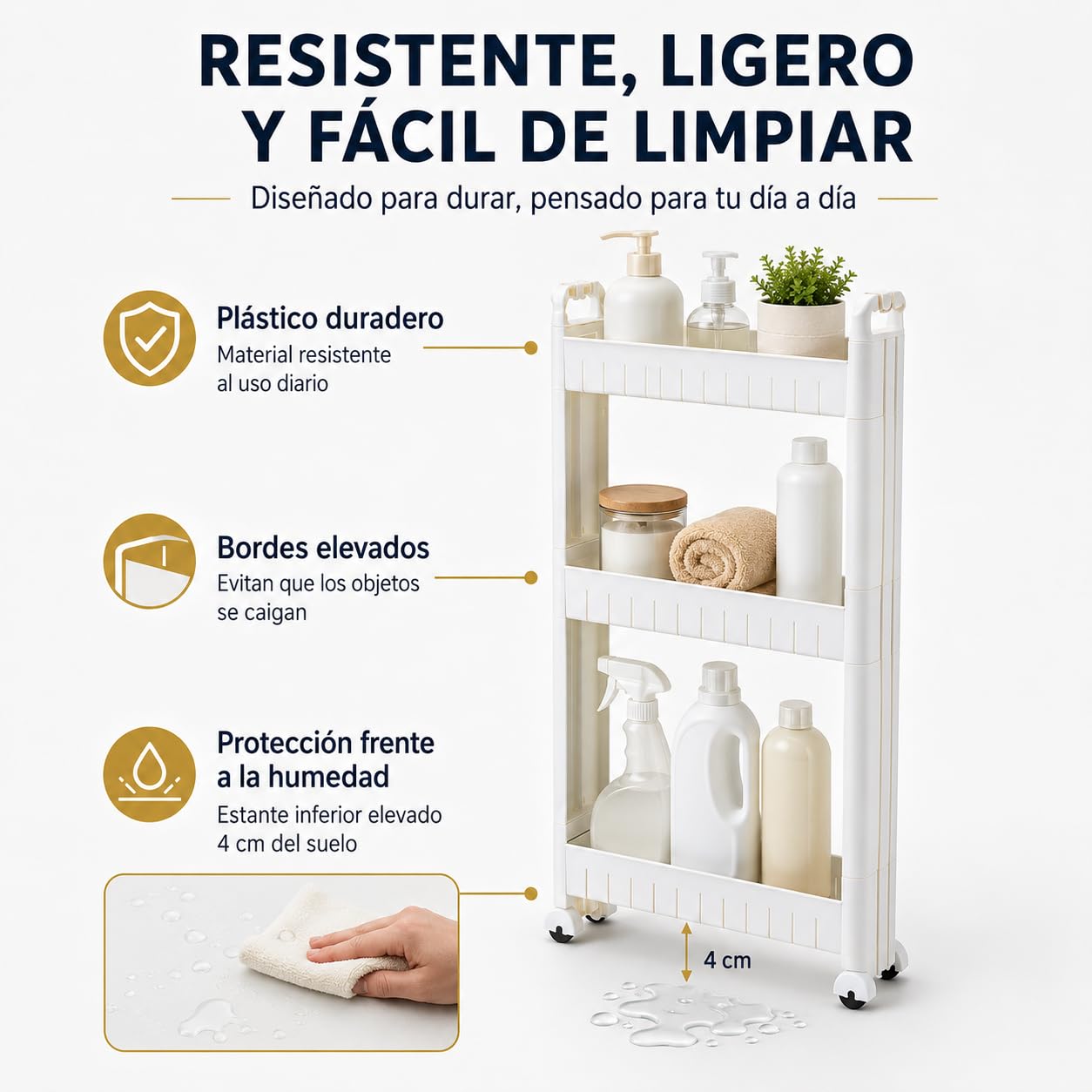 Genérico Carrito Estrecho de Almacenamiento con Ruedas, Estantería Móvil de Plástico con 4 Ganchos para Baño, Cocina, Lavadero, Blanco (73cm)