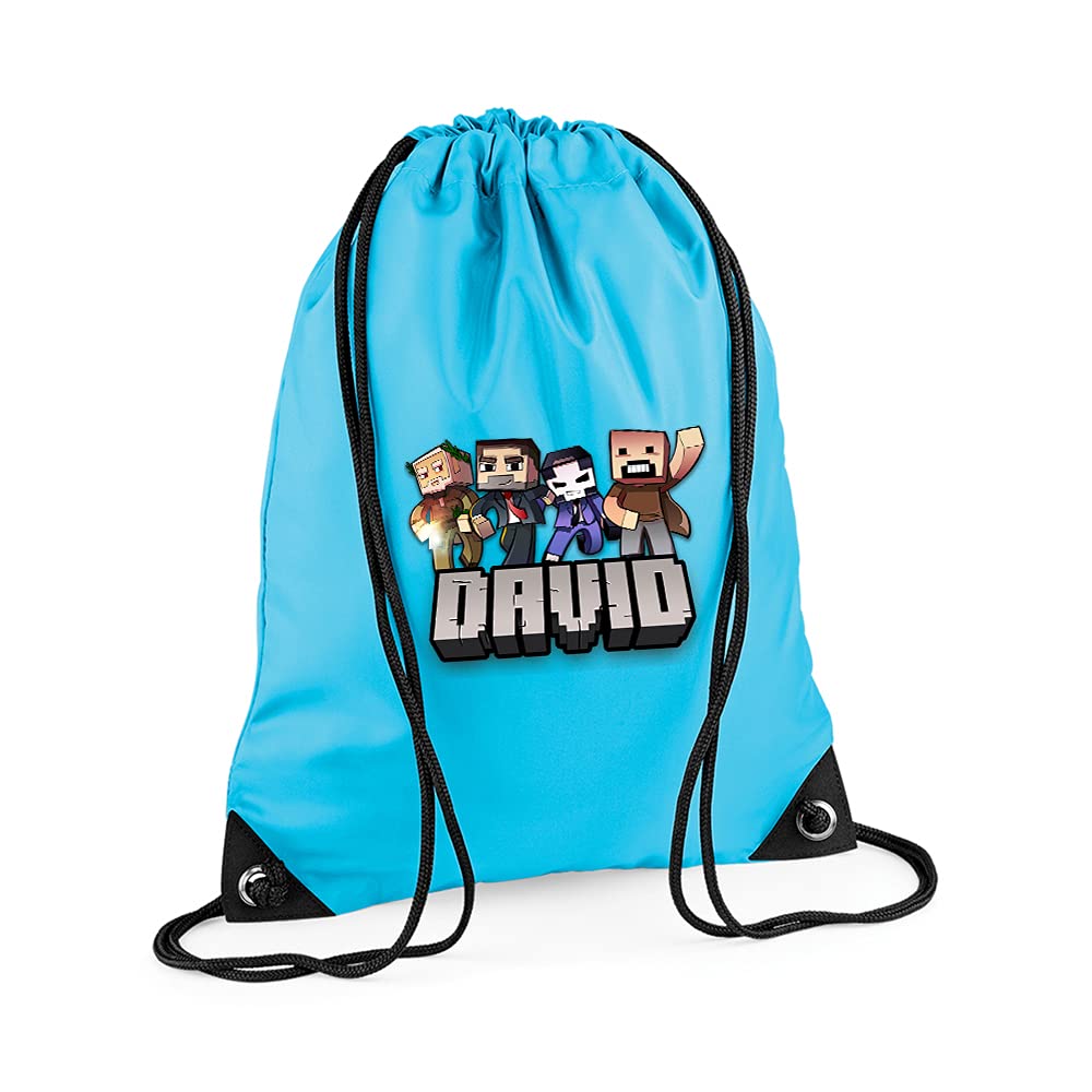 Getagift Personalised ANY NAME Cool Pixel Art funny Gaming Enthusiast, Back to School, Premium Drawstring Bag, PE Gym Kit School, Swimming, Birthday/Secret Santa, PE Kids Sport Rucksack. (Surf Blue)