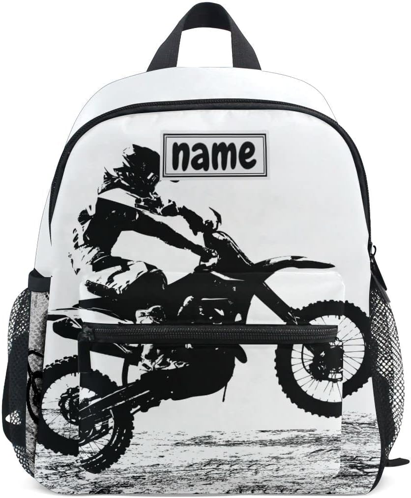 Custom Kid's Name Backpack, Motocross Vintage Motorcycle Toddler Backpack for Daycare Travel Personalized Name Preschool Bookbag for Boys Girls