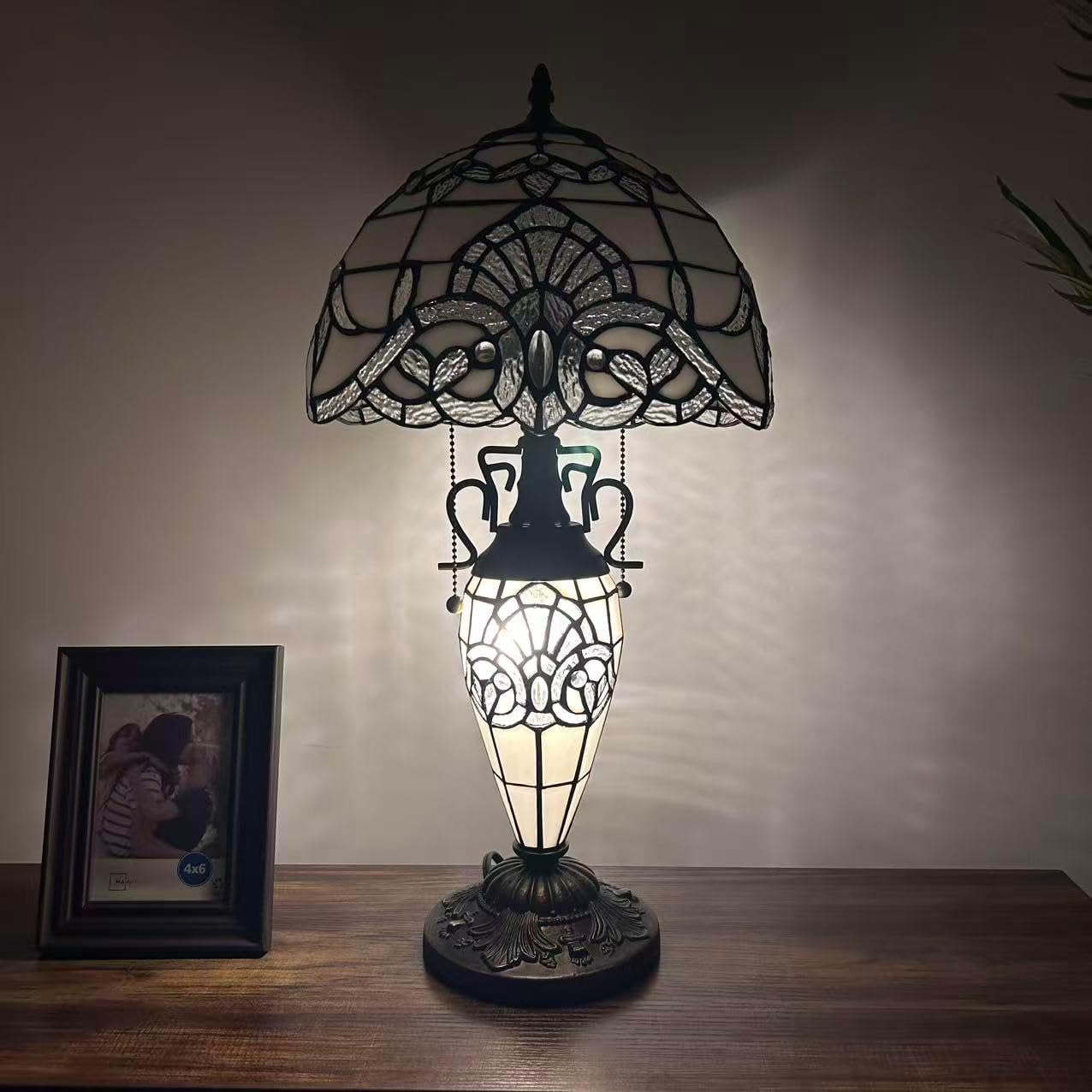 White Stained Glass Table Lamp Glass Shade and Base Baroque Style LED Bulbs Included for Living Room Bedroom Bedside 12" W*12" D*22" H