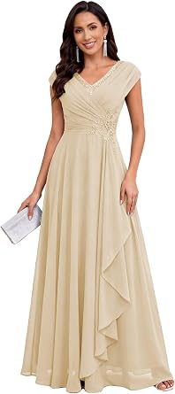 Chiffon Mother of The Bride Dresses - Floor Length A Line Cap Sleeve Formal Evening Dress for Wedding