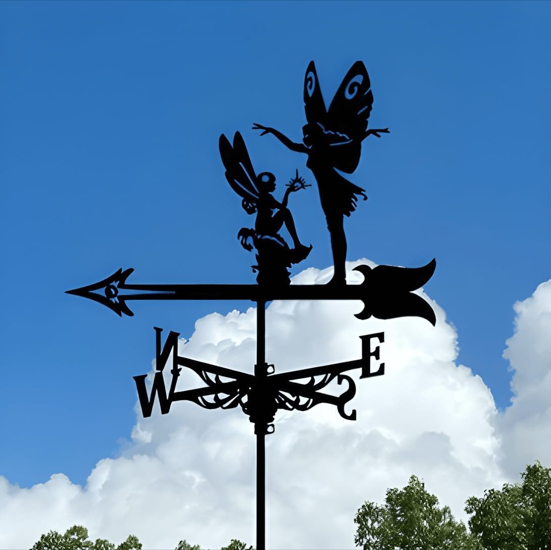 Metal Crow Weather Vane Standing Decor Roof Corgi Silhouette Weathervane Garden Yard Halloween Decoration for Shed Home Fence Post (Flower Fairy)