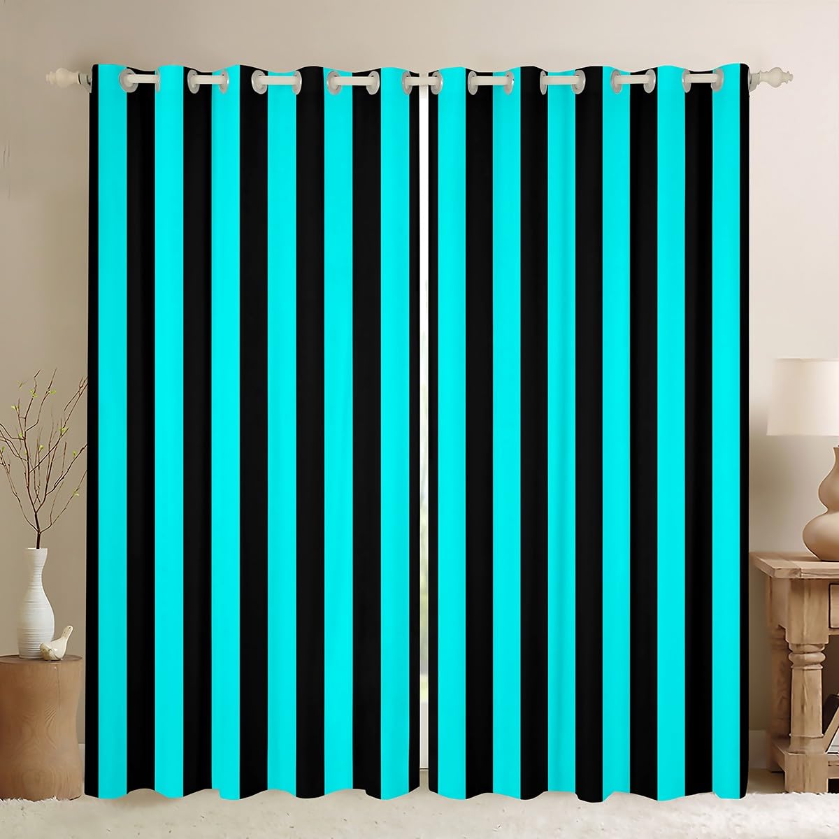 Homemissing Bright Teal Black Curtain for Kids Boys Girls Abstract Stripes Window Drapes (2 Panels, W46*L54) Geometric 30%-50% Blackout Shades Bedroom Decor Breathable Soft Microfiber Modern