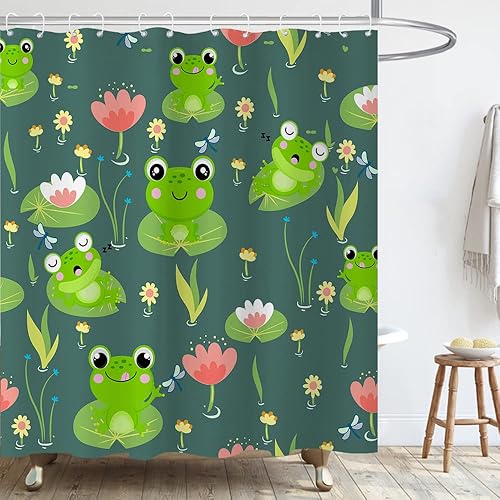 Cortina de ducha con diseño de rana, diseño de hojas de loto, decoración de estanques florales, cortinas de ducha para niños, divertidas ranas de