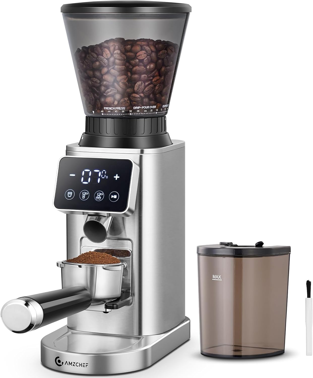 AMZCHEF Moulin Café Électrique LCD 24 Réglages Support Porte-Filtre Classe A+++ Récipient Amovible