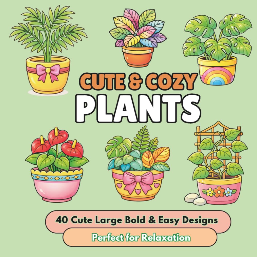 Cute and Cozy Plants: Bold and Easy Coloring Book: A Relaxing Collection of 40 Adorable Potted Plants for Stress Relief