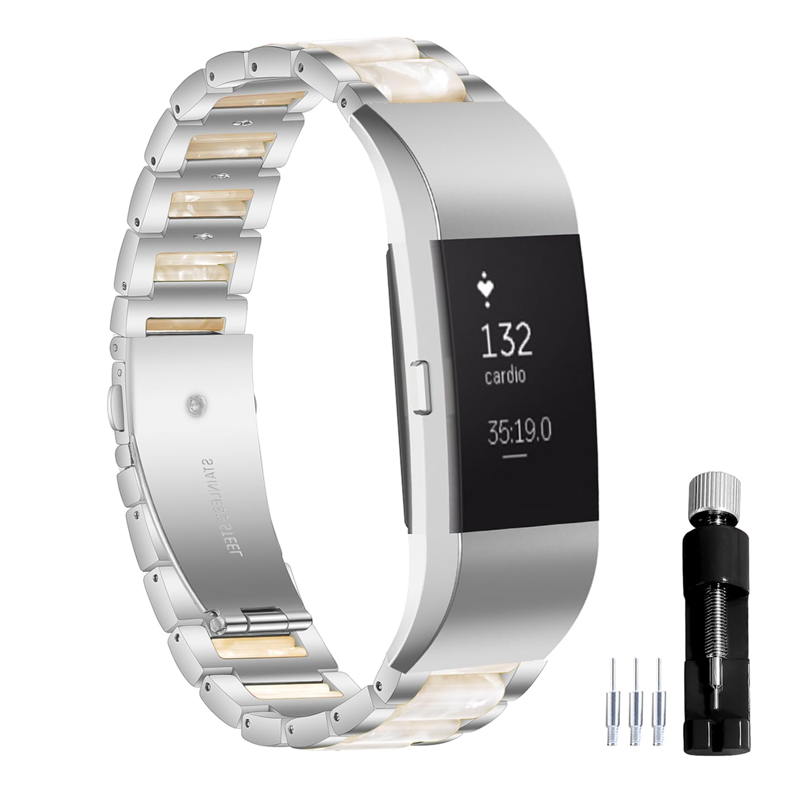 Gheper Resin Stainless Steel Watchband Compatible with Fitbit Charge 2/Charge 2HR Smartwatch Wristband Replacement Metal Strap for Women Men