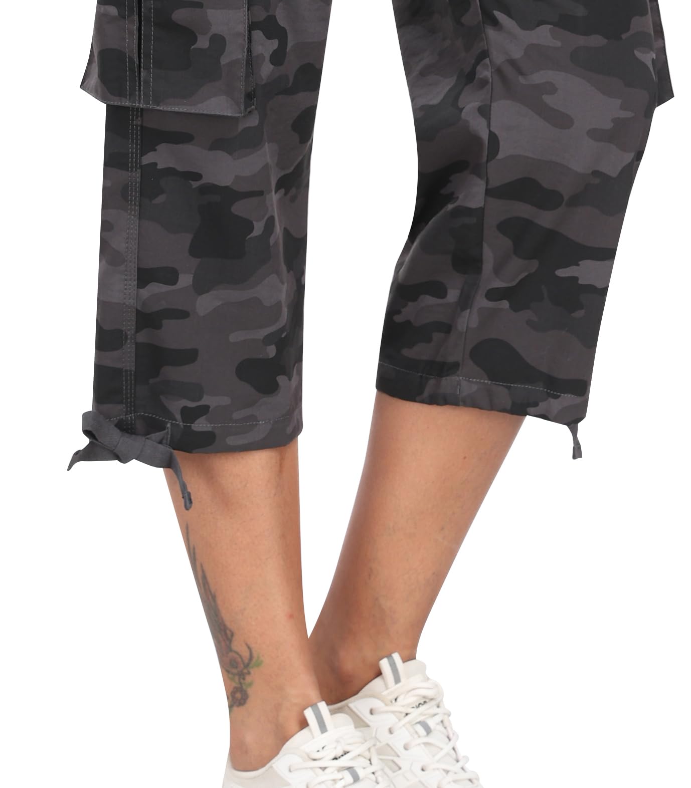 MoFiz Pantaloni Capri da donna con tasche, vestibilità larga, casual, eleganti, leggeri, da donna, larghi, per escursionismo, Grigio mimetico, XS