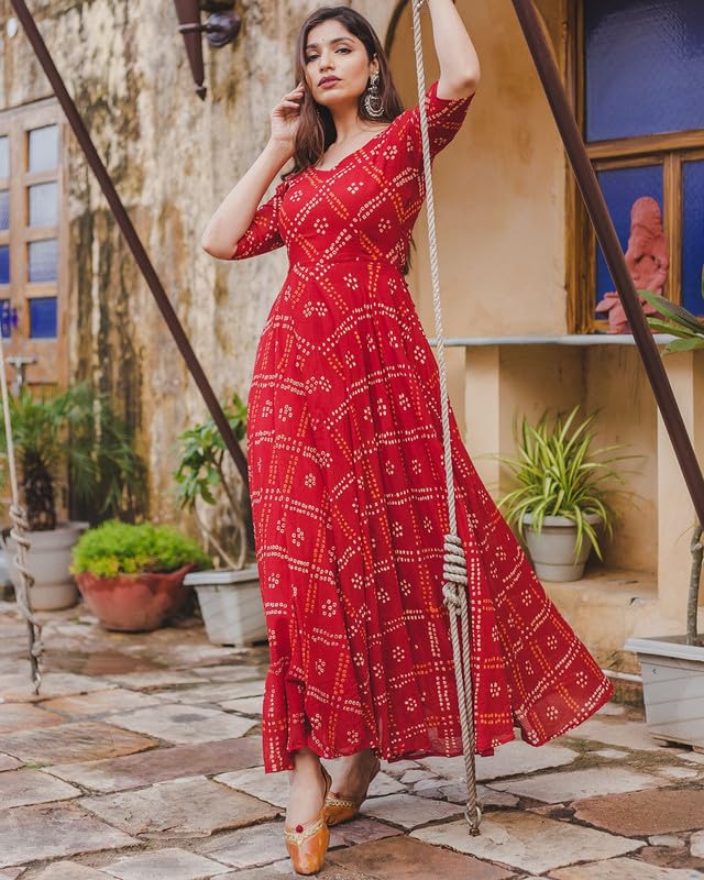 Image of Bandhej Anarkali Kurti | Flared Dress for Girls and Women | Jaipuri Print Rayon Kurti | Red
