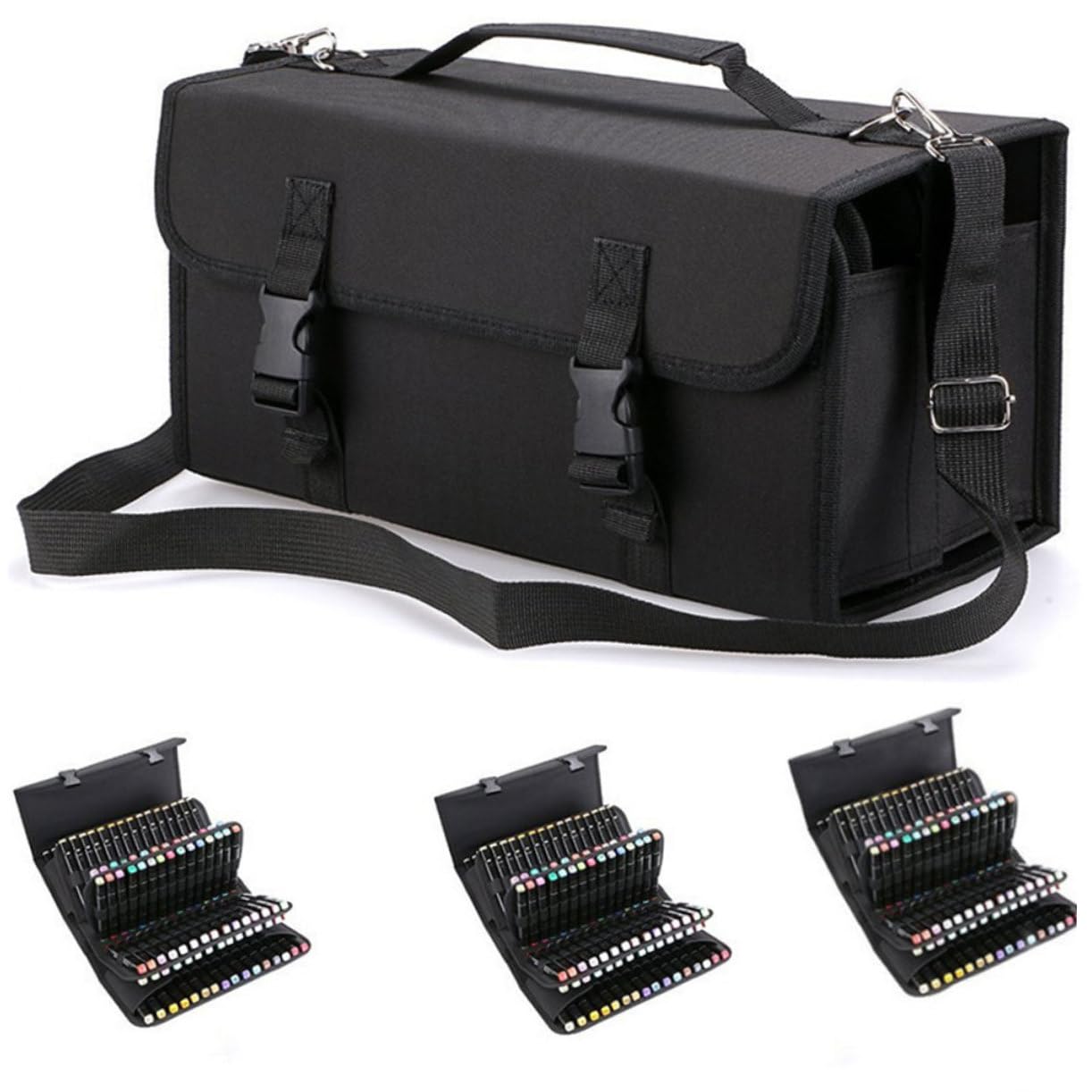 Operitacx Astuccio per 120 Marker Nero con Cerniera e Tracolla
