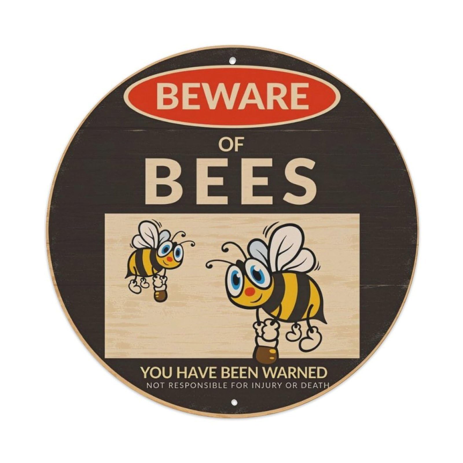 Beware Of Bees Cartoon Warning Round Wall Sign Vintage Aluminium Metal Sign, Retro Wall Decor for Home, Bar, Garage & Farmhouse 20x20cm