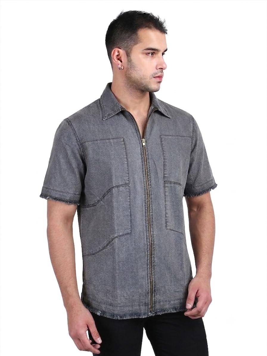 aol Men's Denim Washed Zip-Up Short Sleeve Shirt with Decorative Front Panel-picture-47