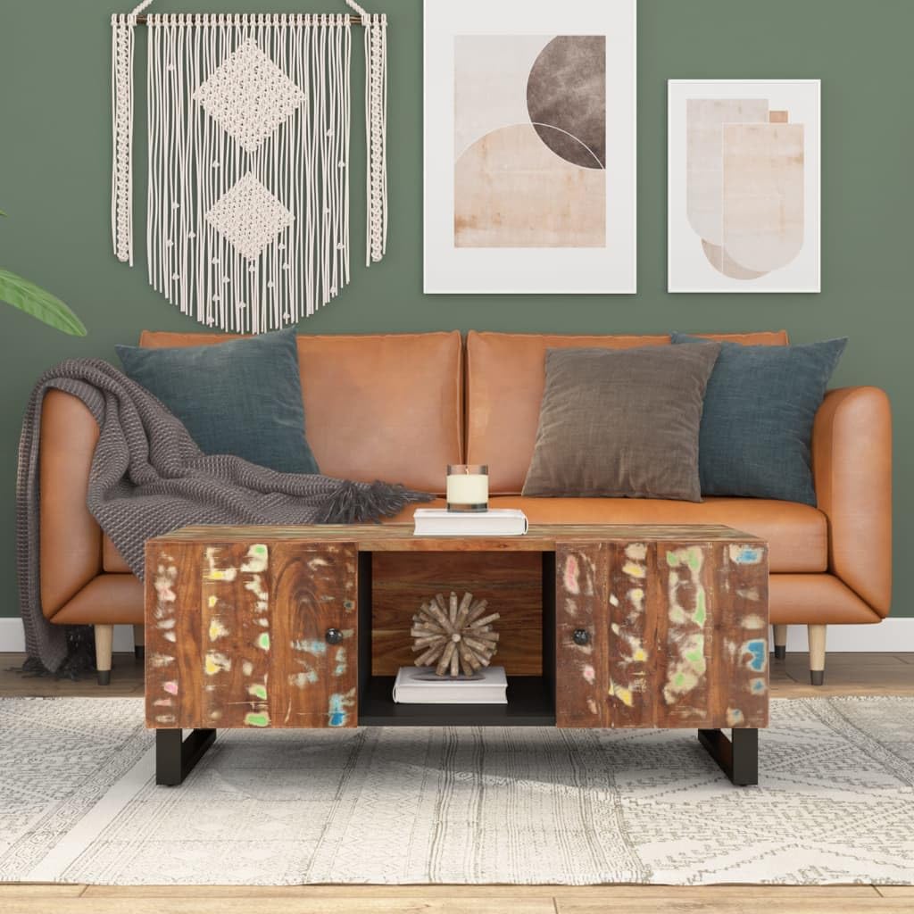 Stolik kawowy 100 x 54 x 40 cm, lite drewno stare i materiał drewnopochodny, 3 przegródki do przechowywania, żelazne nogi, nowoczesny stół do salonu, stolik kawowy do salonu