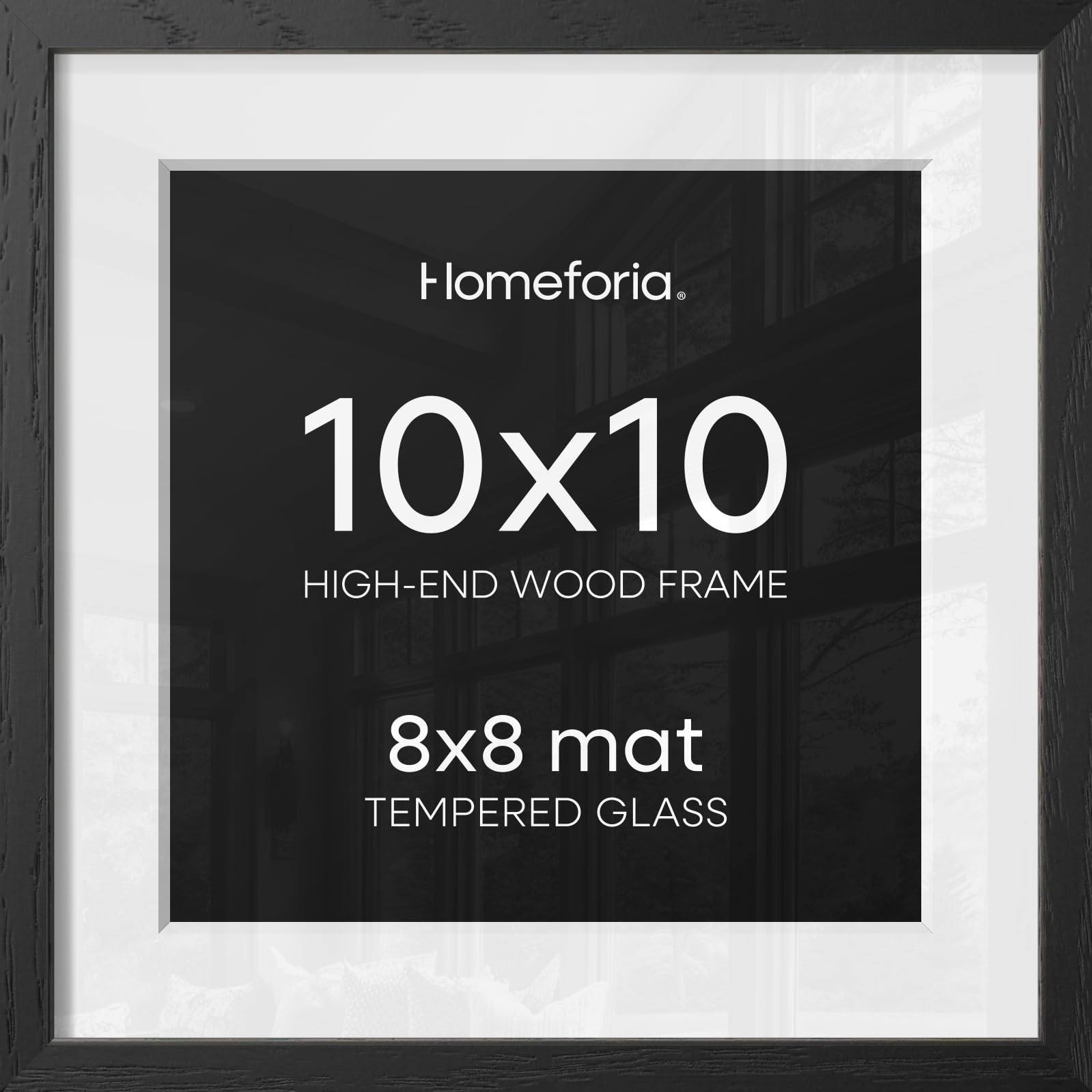 Homeforia 10x10 Black Oak Picture Frame, High-End Wood, 8x8 Mat, Glass | High End Solid Oak Wood, Tempered Glass, Acid-Free 8x8 Removable Mat, 10x10 Edge-to-Edge Display 10x10, Wall Kit, Set Of 1