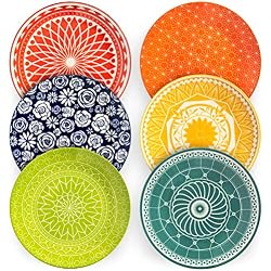 Annovero Dinner Plates - Mismatched Colorful Dinnerware Set of 6 - Fun Decorative Cute Boho Kitchen Dishes - Zero Lead & Cadmium - 10.5 Inch Diameter