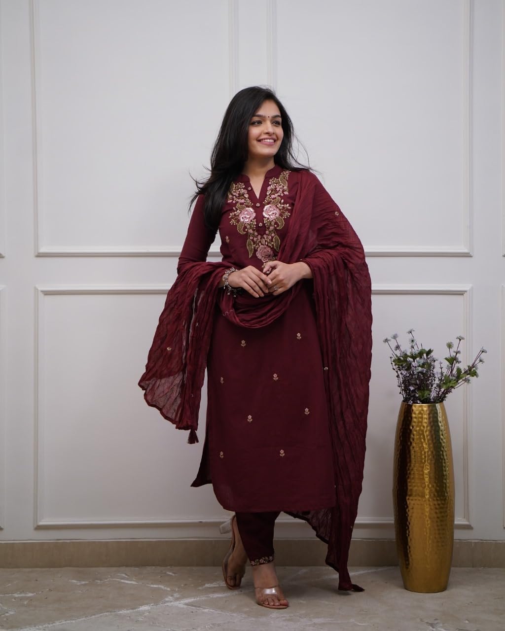 Women Embroidered Kurta set with Dupatta in Cotton fabric Indian Tunic Dress Ethnic Wear Collection For Women