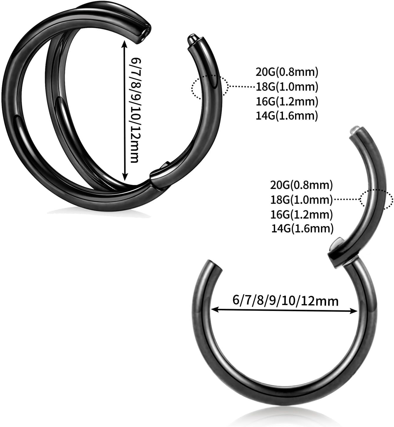 GAGABODY 2 Pcs Nose Rings 20G 18G 16G 14G 12G 10G 8G Surgical Steel Piercing Rings for Nose Septum Cartilage Helix Tragus Conch Rook Daith Lobe from 5mm to 16mm Seamless Hoop Unisex Hinged Earrings