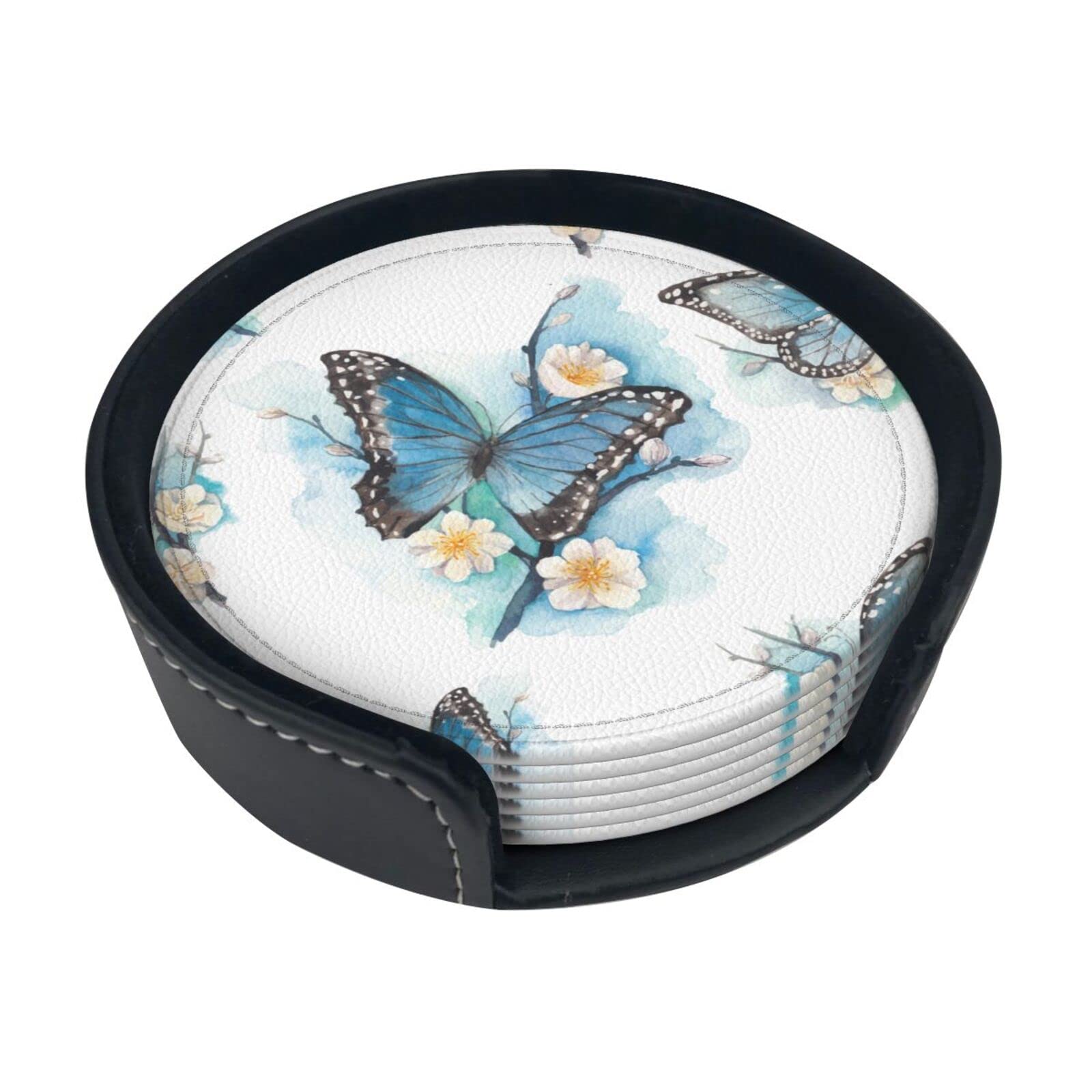 Coasters Set Of 6 Blue Butterfly On Blossom Flower Print Leather Coasters For Drinks,Home Décor And Housewarming Gift