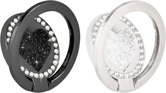 Fycyko Compatible with Phone Ring Holder [2Pack] Glitter Bling Heart Phone Ring Artificial Diamond Stand,Rhinestone Cell Phone Finger Ring Kickstand for Phone-( Black+Silver)