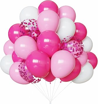 Thomtery Pink Confetti White Balloons, 50pcs 12 inch Latex Balloons for Birthday Party, Valentines Day Decorations