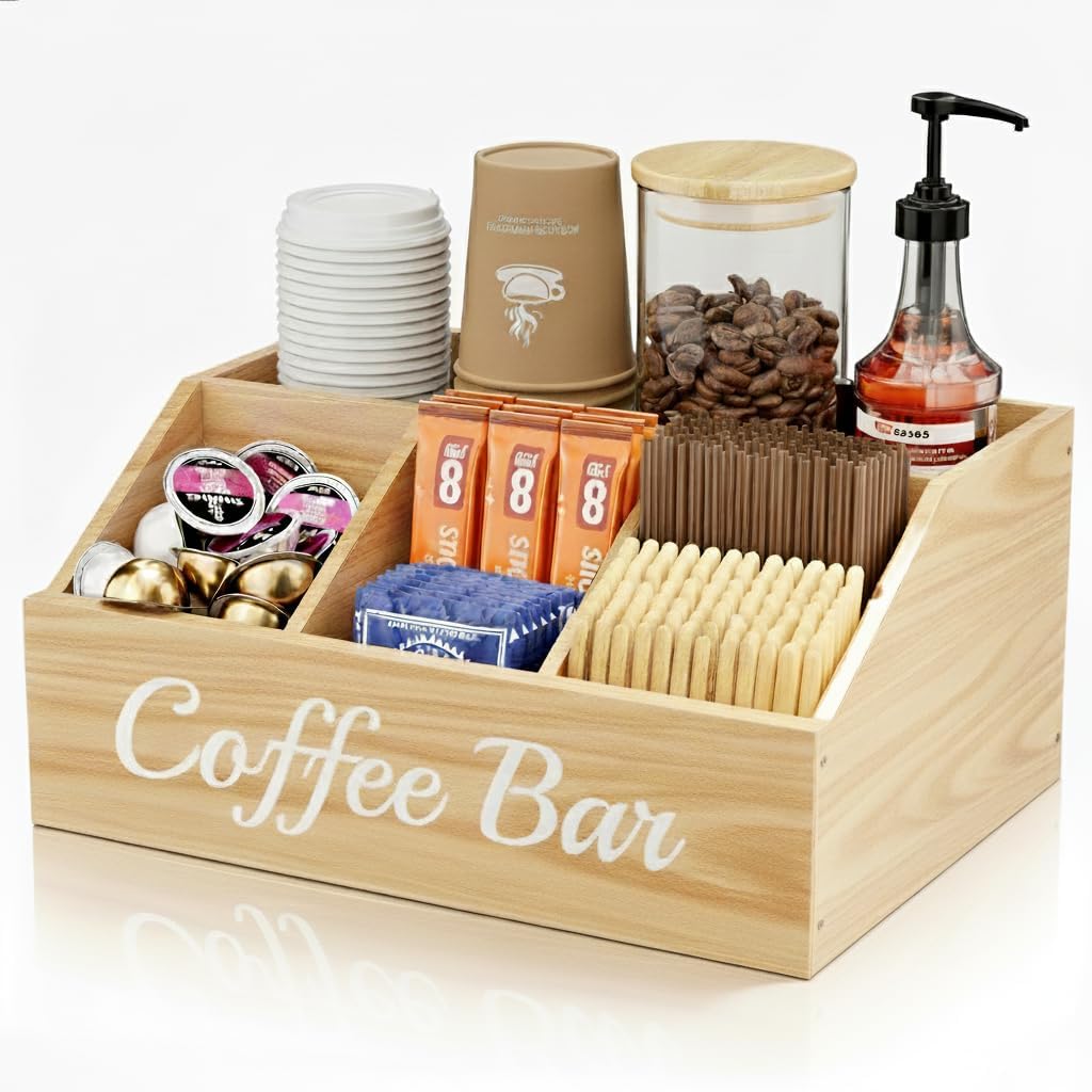Coffee Station Organizer for Countertop – Wooden Coffee Bar Organizer with Adjustable Dividers,Holds K Cup Pod & syrup bottles, for Kitchen, Office, or Bar and Tea Station, Brown