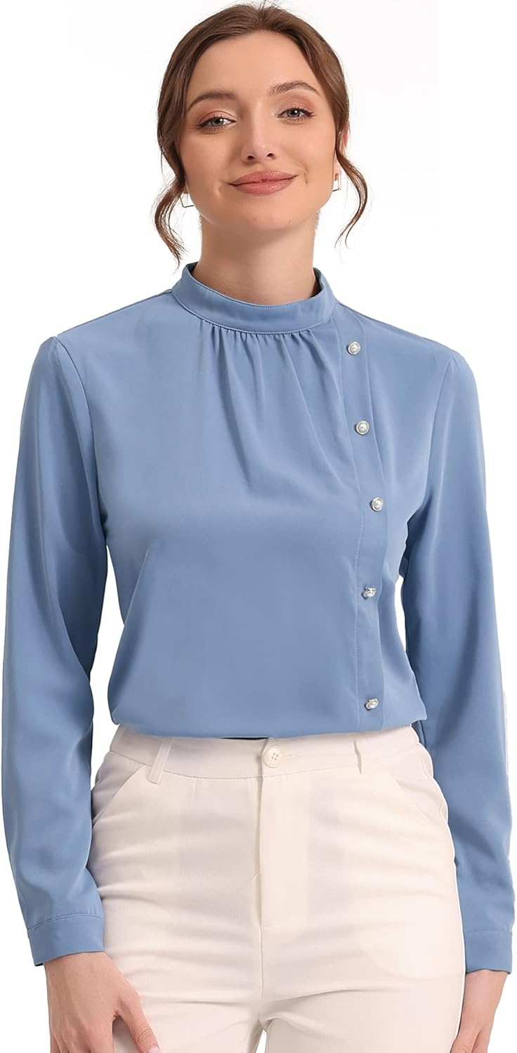 Allegra K Elegant Office Shirts for Women's Stand Collar Button Decor Long Sleeve Vintage Blouse