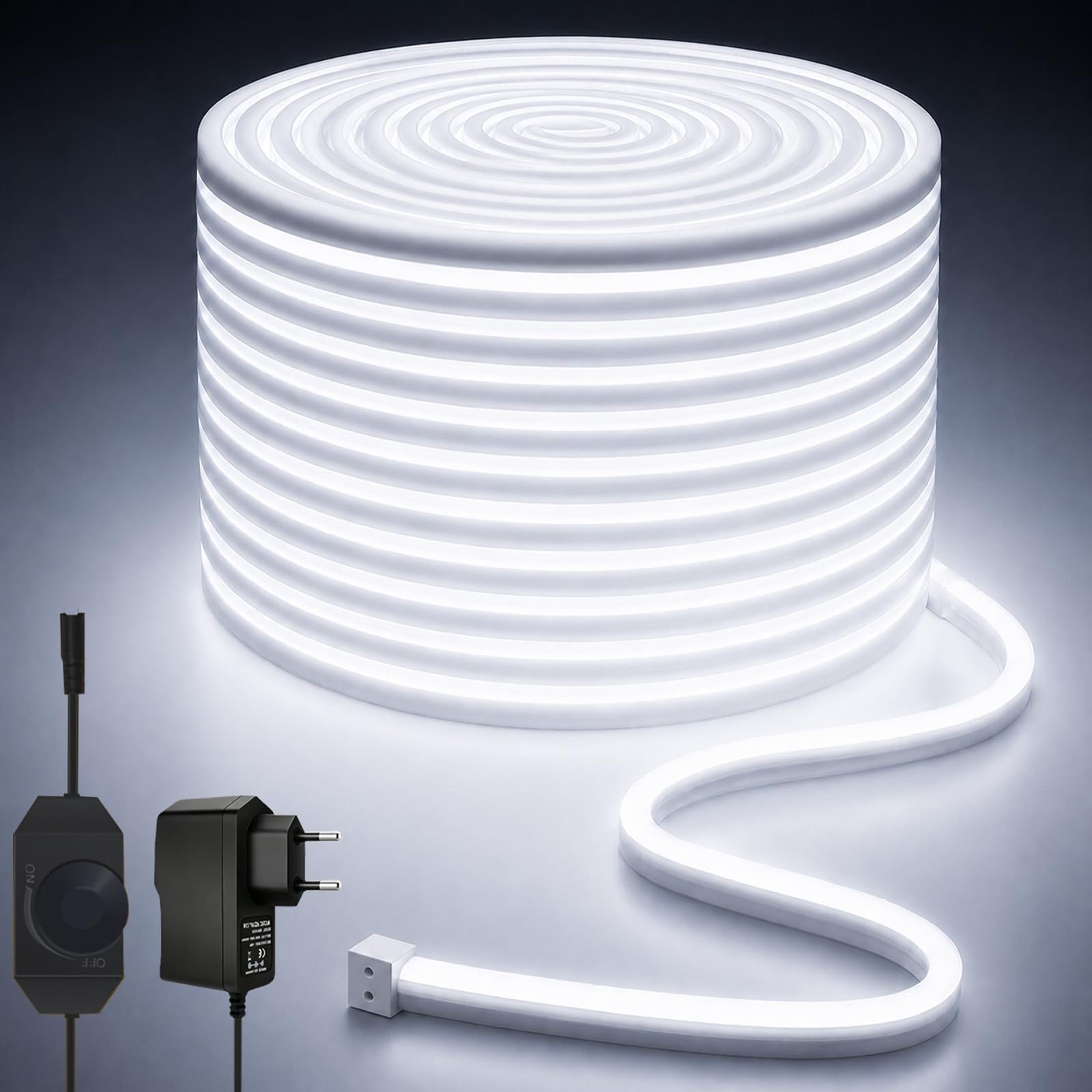 Lucienstar Luci al neon a stringa, 15 m, 6000K, bianche, strisce LED dimmerabili, 24 V, flessibili, ritagliabili, impermeabili IP65, per camere da letto, uso interno ed esterno