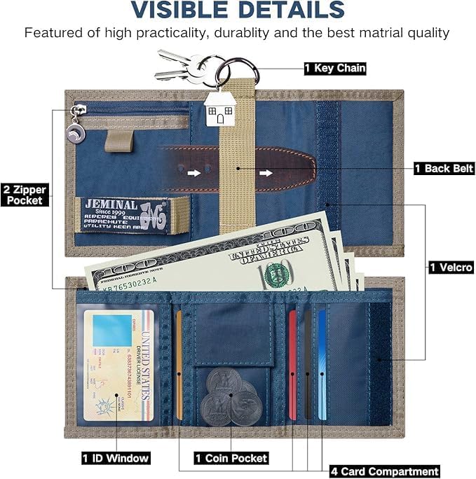 JEMINAL Trifold Wallet for Men Canvas Outdoor Sports Keychain Wallet with Multiple Card Slots and ID Window Blue - Image 5