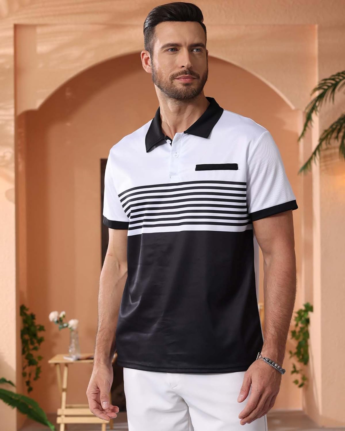 Mens Fashion Color Block Polo Shirts Casual Short Sleeve T Shirt Striped Moisture Wicking Golf Shirts Tops - Image 4