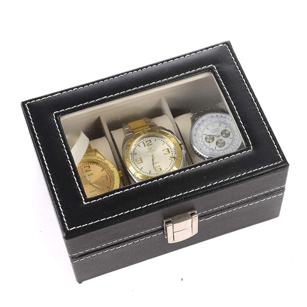 Chtom Caja de almacenamiento para relojes con hebilla de metal, 3 ranuras, color negro (color: negro, tamaño: 15,8 x 11 x 8 cm) (color: negro, tamaño: 15,8 x 11 x 8 cm)