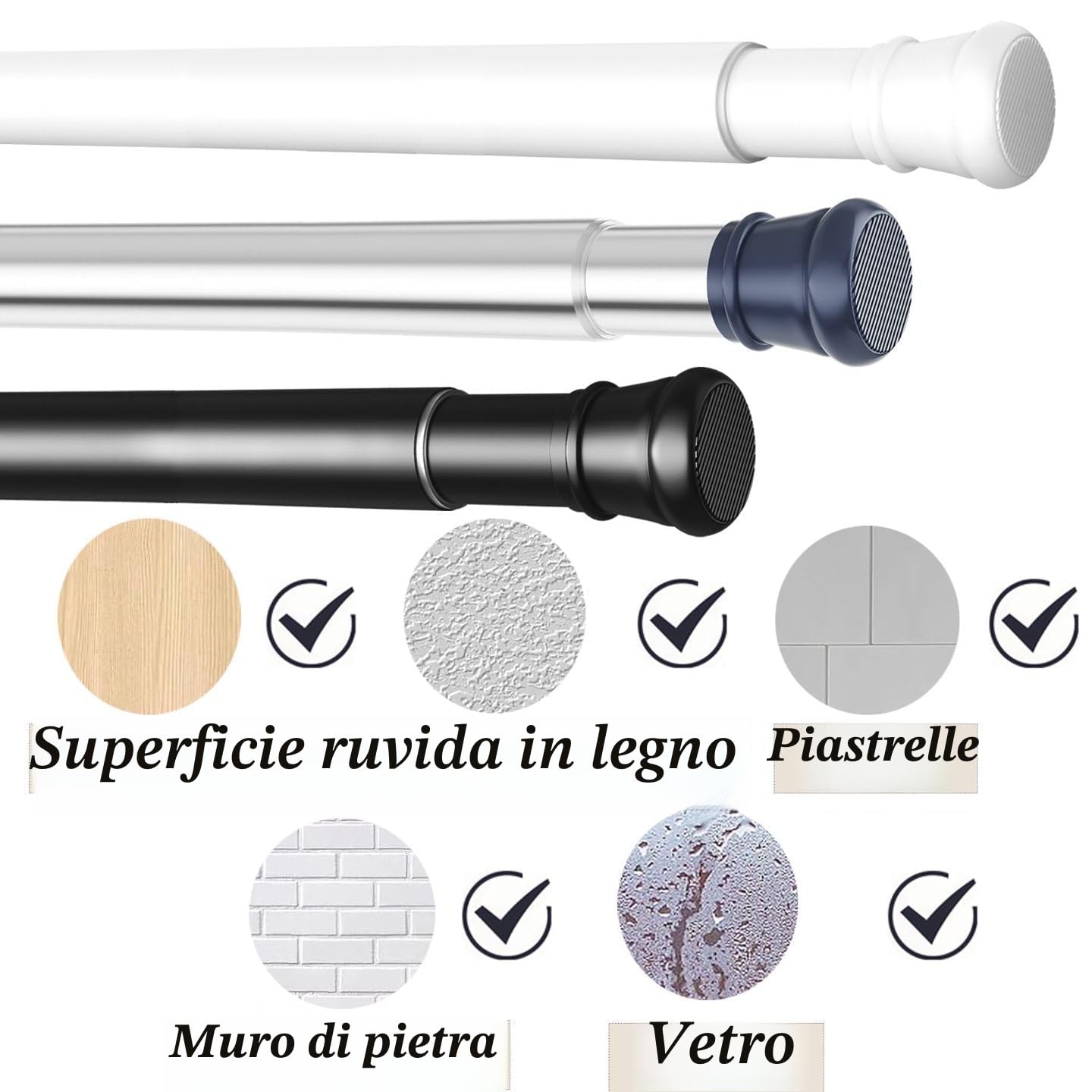 Aste Per Tende Senza Forare Telescopica Estensibile Bastone Tenda Estensibile Per Bagno Finestre Bianco 83-190CM