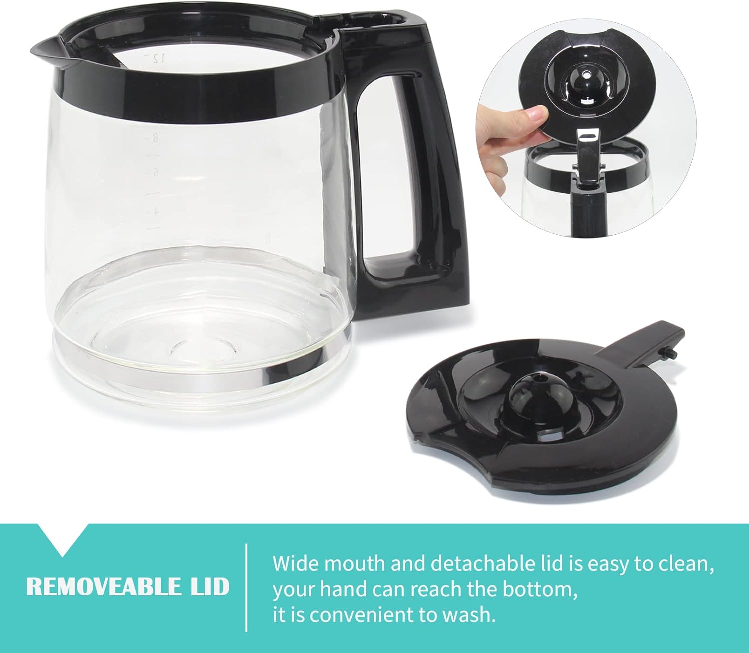 Glass Replacement Coffee Carafe Compatible with Cuisinart Coffee Maker Models DCC-2200, DCC-2600, DCC-2800, DCC-3200, and DCC-3200P1, Coffee Pot Decanter Pitcher, Black Handle
