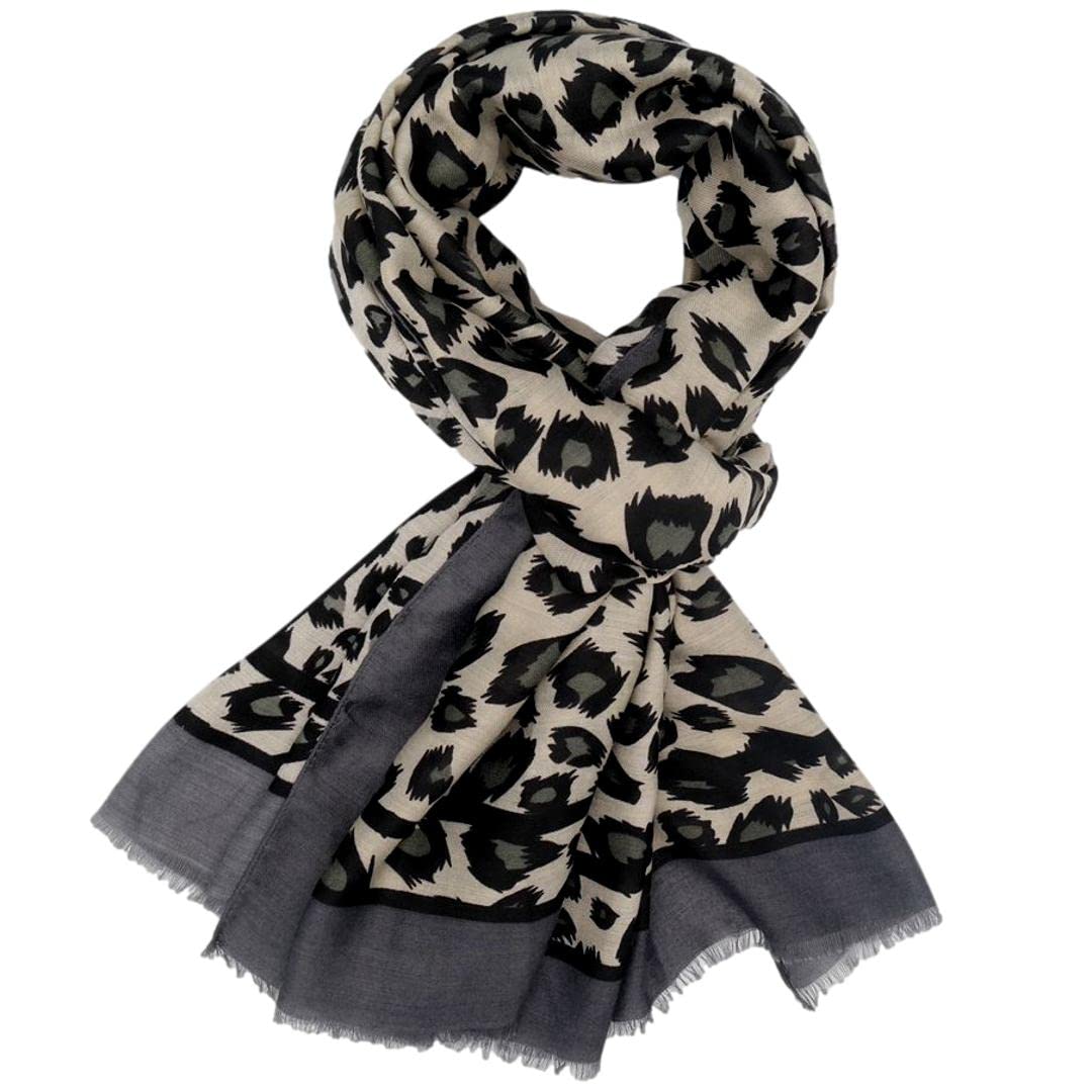 Purple Possum® Grey Leopard Print Scarf Charcoal Black Animal Print Lightweight Wrap Ladies Large Shawl