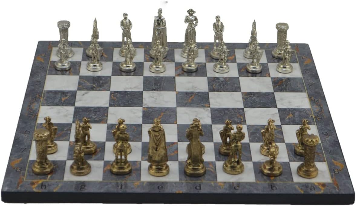 Metal Chess Set for Adults Medium Medieval British Army Figures,Handmade Pieces and Different Design Wooden Chess Board (Gray Marble)