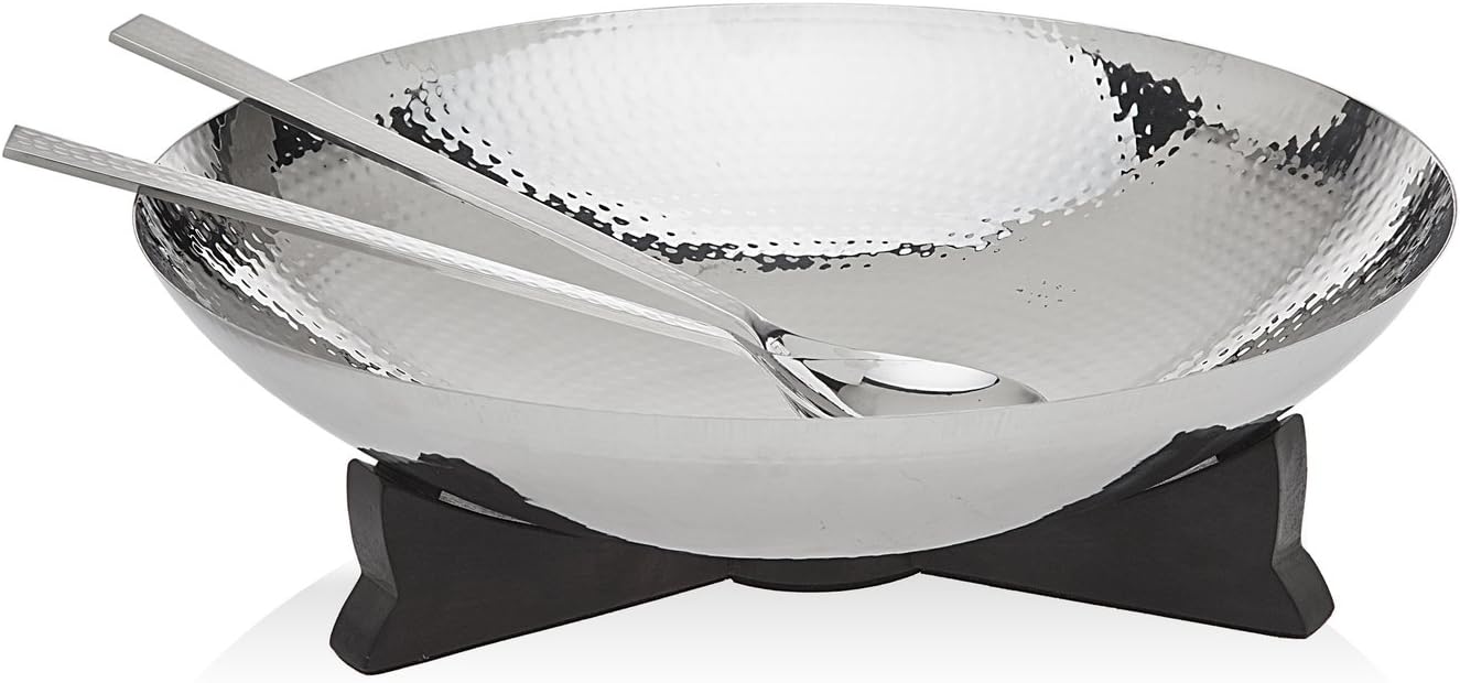 Hammered Salad Bowl with Wooden Base & Server, Silver