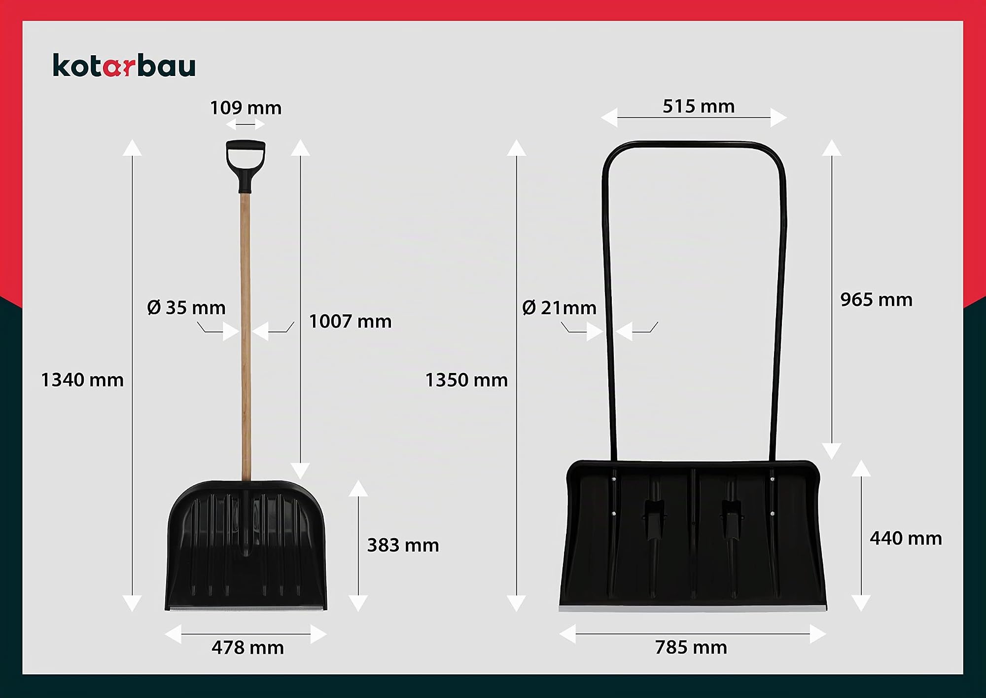 KOTARBAU® Set Pelle À Neige 80 cm avec Roues + Pelle À Neige 48 cm avec Bord Profilé en Aluminium, Manche en Métal, ECO