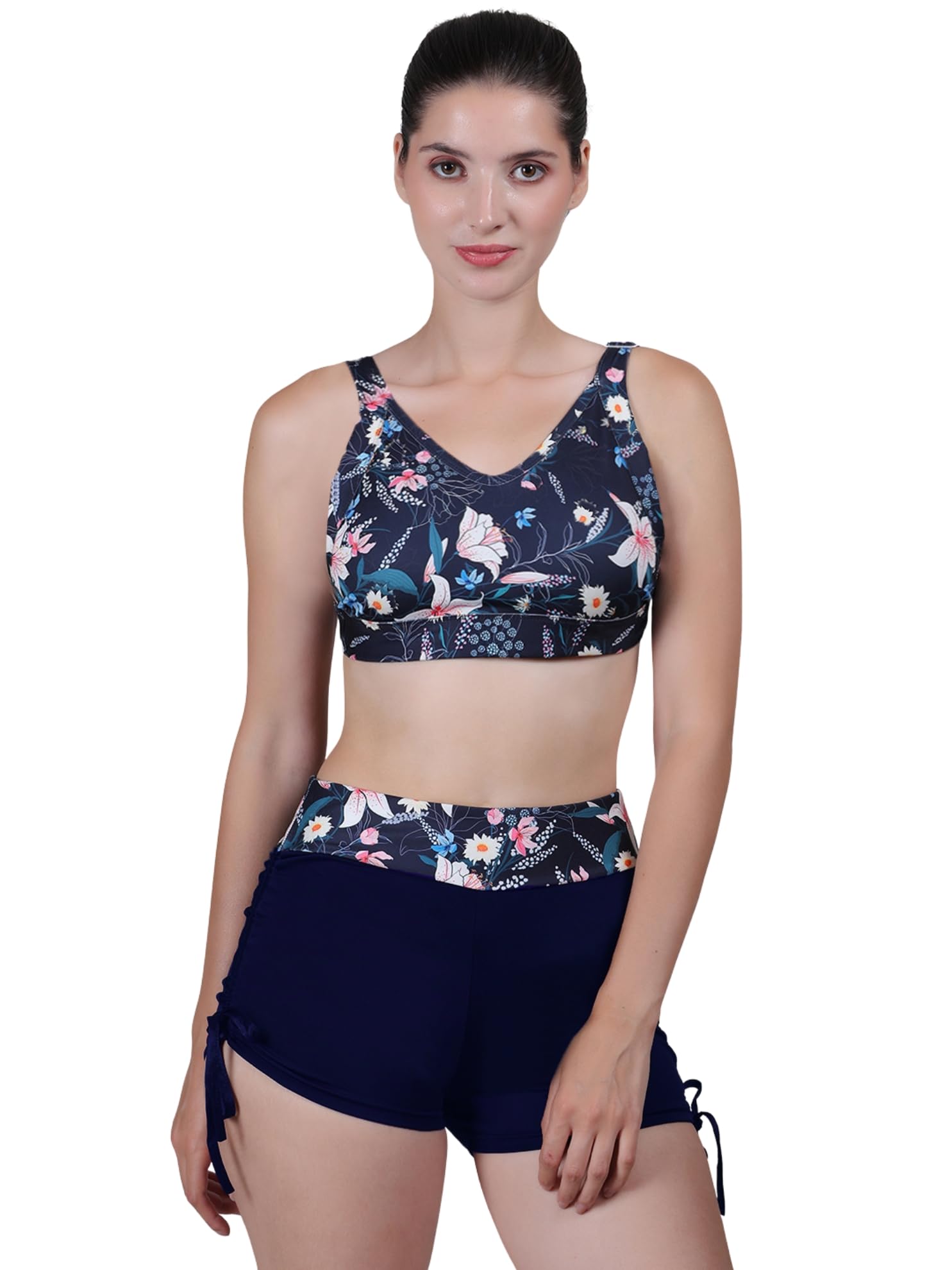 2 Piece Swimsuit with Bikini Top & High Waist Side Drawstring Boyshorts Swim Set Swimwear for Women-image-28