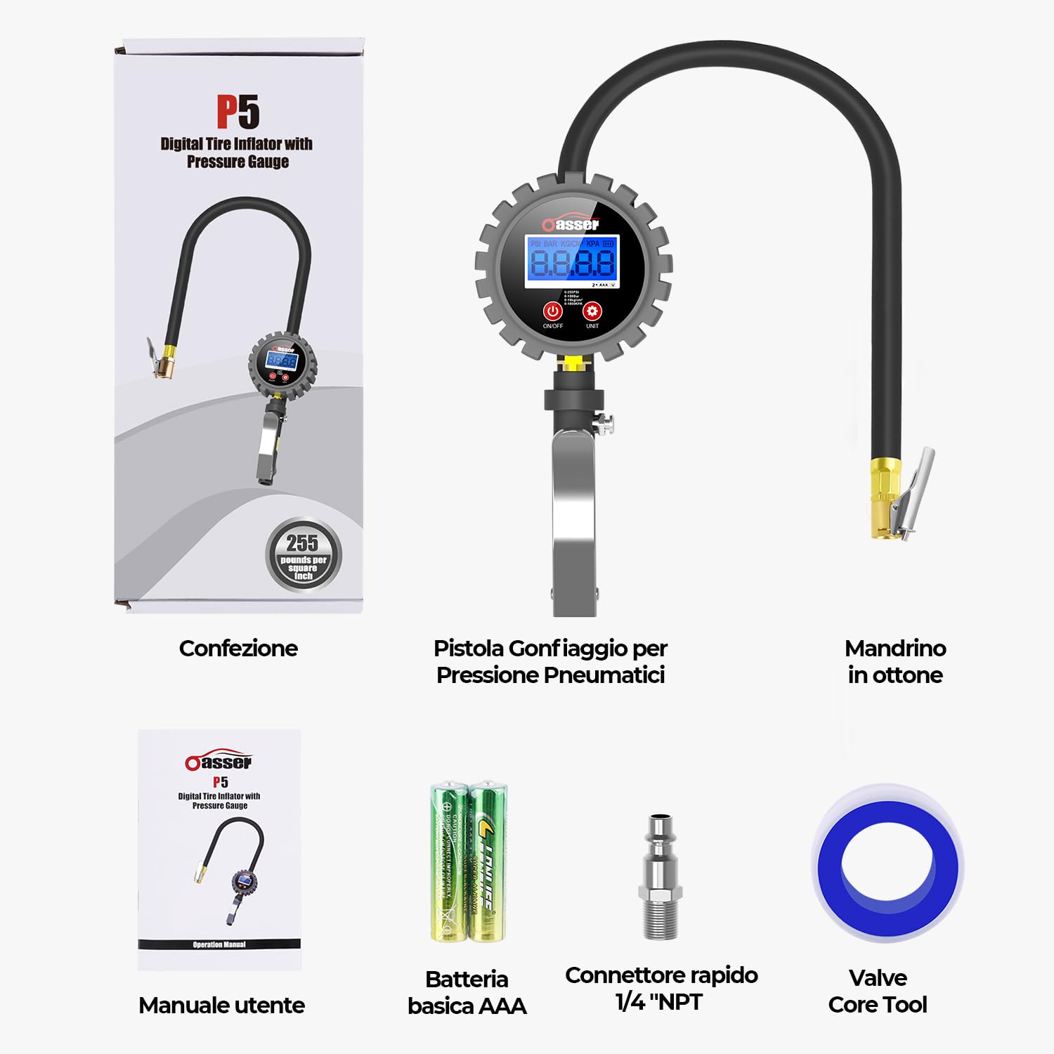 Oasser Manometro Pressione Gomme Professionale, Manometro Digitale, Pistola Gonfiaggio Pneumatici 255 PSI Alta Precisione con Luce a LED e Schermo LCD per Auto, SUV, Camion, Moto e Biciclette