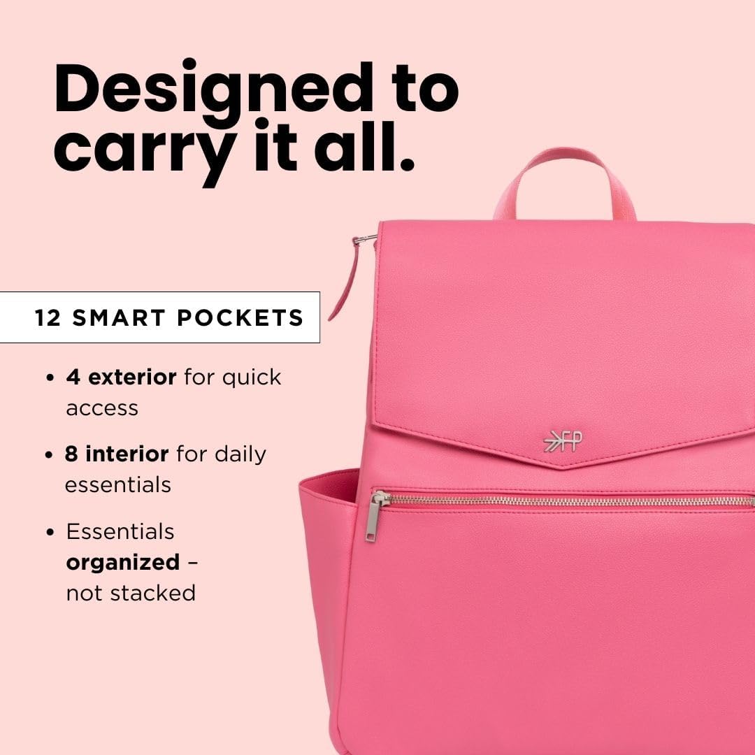 Freshly Picked Classic Diaper Bag II Backpack – Premium Vegan Leather, Large Capacity Baby Bag with Changing Pad, Stylish & Functional for Moms & Dads, Hot Pink