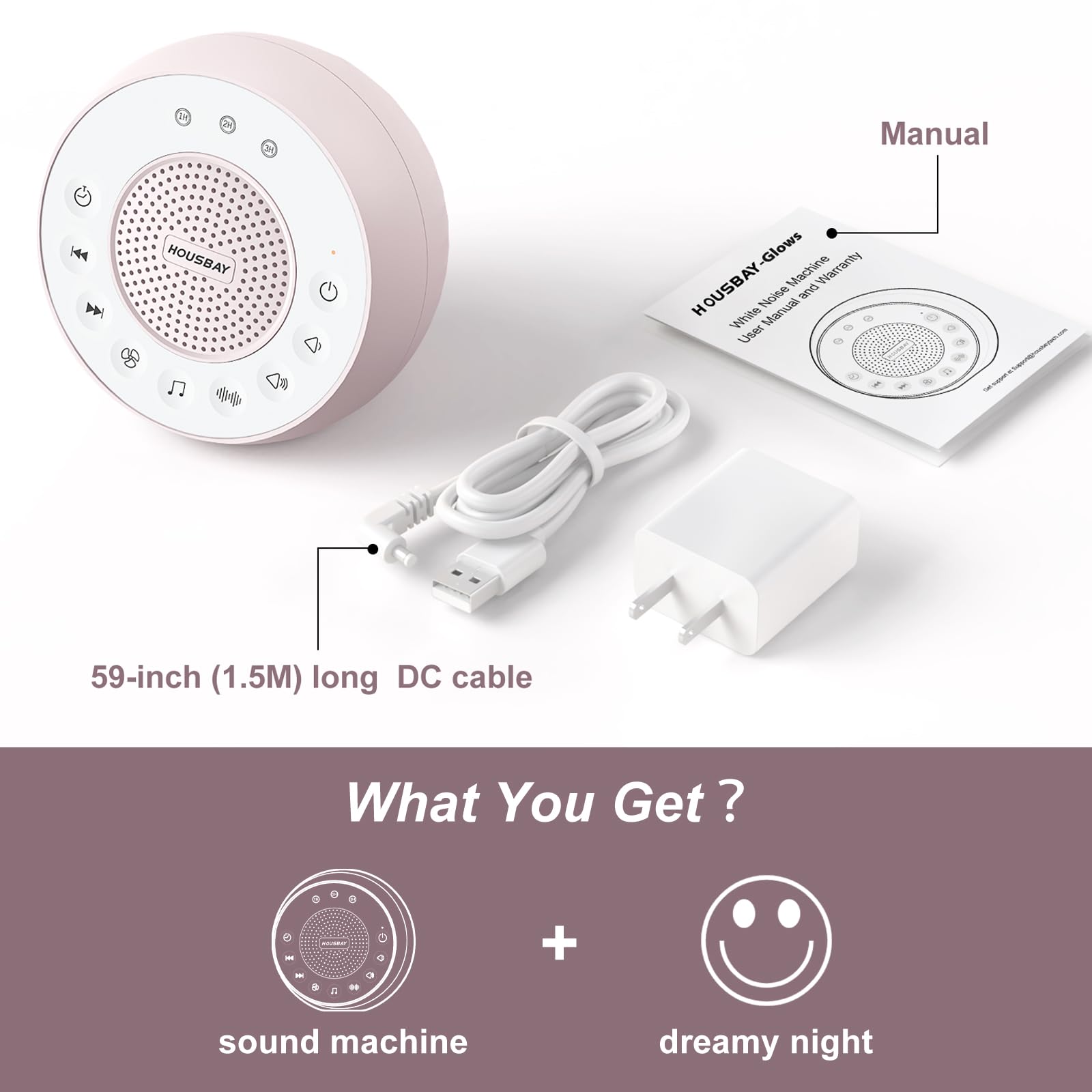 Housbay - Weißes Rauschgerät mit 31 Hi-Fi-beruhigenden Sounds, 5 W Hochleistungs-Lautsprecher, einfache Lautstärkeregelung, Schlaf-Timer, Sound-Maschine für Baby, Kinder