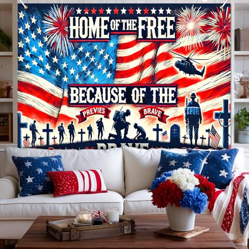 Image of BlissYard 4th of July Backdrop Banner 8x6ft Home of the Free Because of the Brave Patriotic Veterans Tribute American Flag Decorations for Memorial Day Veterans Day Independence Day