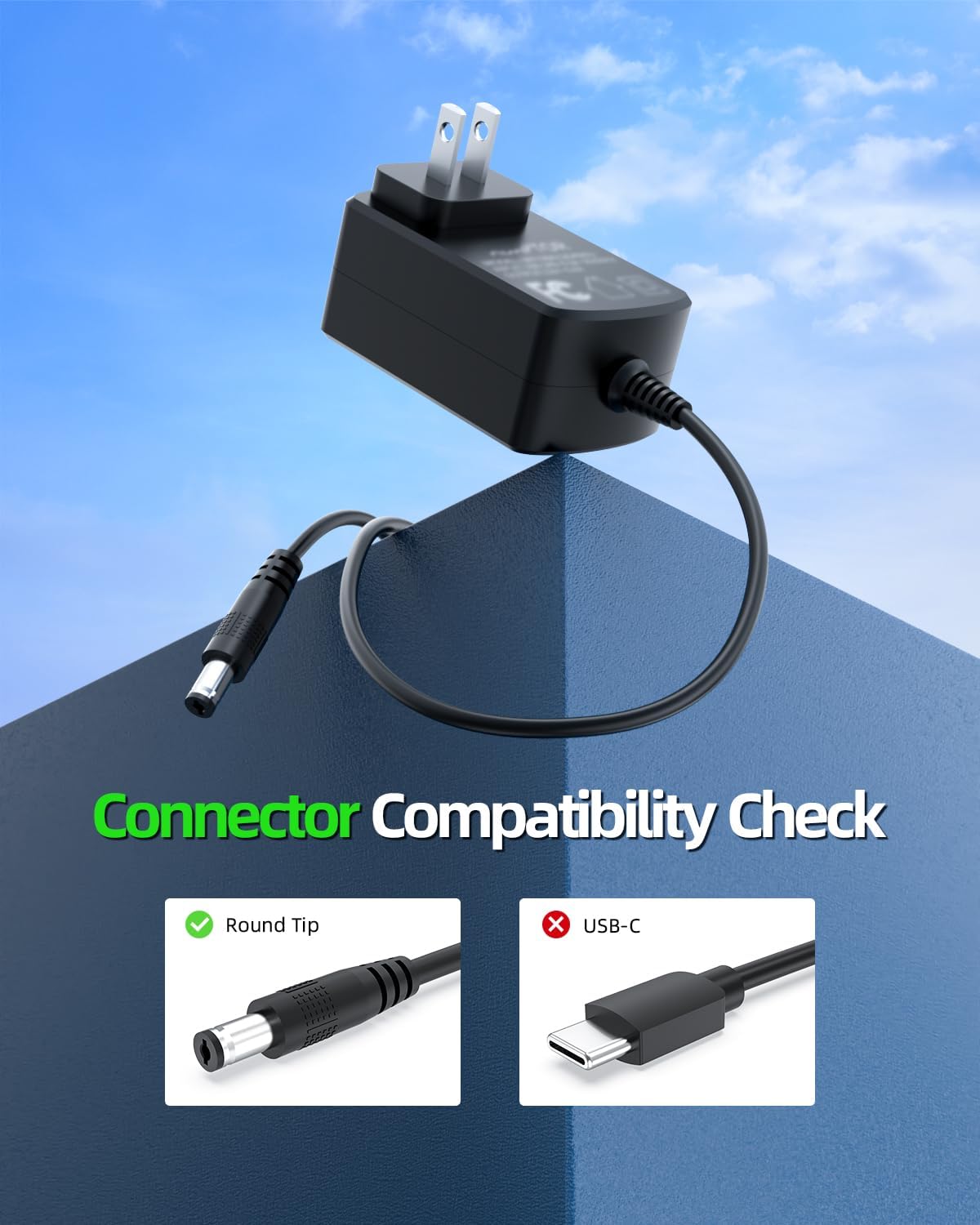 Image illustrating the round tip connector of the Dexpt charger and contrasting it with a USB-C connector, highlighting compatibility.